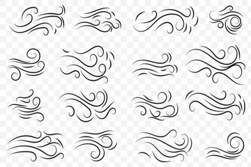 Fototapeta premium Doodle wind line sketch set. Hand drawn doodle wind motion, air blow, swirl elements. Sketch drawn air blow motion, smoke flow art, abstract line. Isolated on white background . vector illustration.