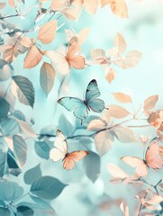 Serene spring background with soft pastel colors and subtle elements like butterflies and new leaves.