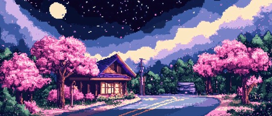 Vibrant spring night with cherry blossoms and a cozy house under a starry sky
