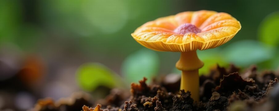 Delicate orange pinwheel mushroom emerging from rotting leaf litter, mushroom marasmius siccus, biology, fungal growth