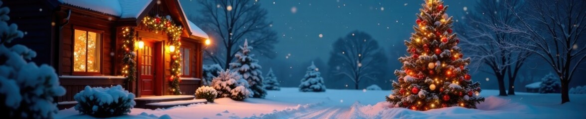 Whimsical winter scene featuring a decorated Christmas tree and building entrance, glimmering lights, sparkling snowfall, building entrance