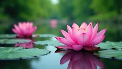 Obraz premium Delicate pink lotus flowers on calm lake surface, nature, water lily