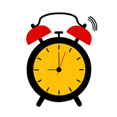 Vector illustration of a classic yellow alarm clock ringing, featuring two bells at the top