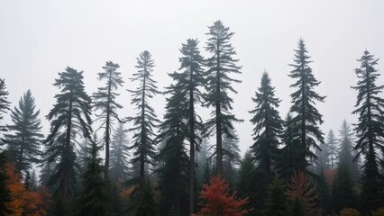 Tall dark spruce trees lean against a grey foggy sky, tree covered land, coniferous trees, autumnal atmosphere