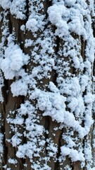 Tiny flakes cling to every nook and cranny on the rugged surface of a snow-covered tree trunk, rough, snowflakes