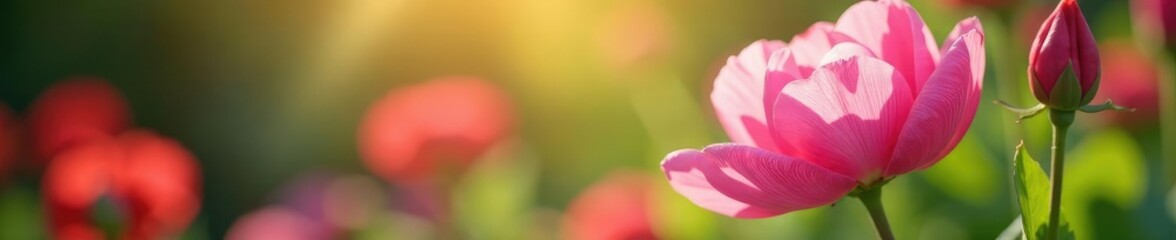 Sunlight's gentle touch coaxes pink blossoms to unfurl slowly, garden