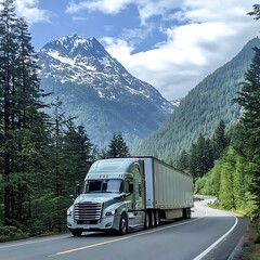 Semi Truck on Road Driving Through Mountainous Landscape During Cloudy Day With Trees Nearby