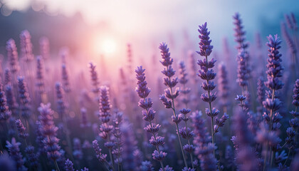 Vibrant lavender flowers bloom under a soft sunset glow, filling the field with shades of purple and creating a calming atmosphere during the evening hours