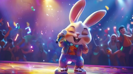 A stylish rabbit in a colorful outfit sings on stage, surrounded by dancing fans and neon lights. A vibrant and energetic party scene full of music, fun, and excitement.