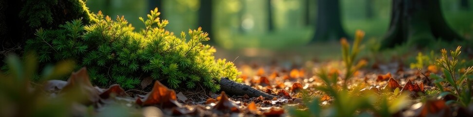 Obraz premium Forest floor covered in soft fallen needles and small twigs under spruce tree, leaves, twig, forest floor