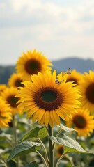 Fototapeta premium Soft petals of sunflowers sway gently in the breeze, as delicate butterflies dance around them, sunflowers, gentle, landscape