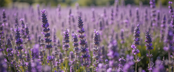 Obraz premium Vibrant lavender flowers flourish in a sprawling field under a bright, sunny sky. Bees buzz around while gentle breezes sway the delicate stems, creating a picturesque scene