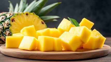 Close up of diced mango on a wooden board, next to a half pineapple. The mango pieces are vibrant yellow, glistening, and arranged invitingly. The