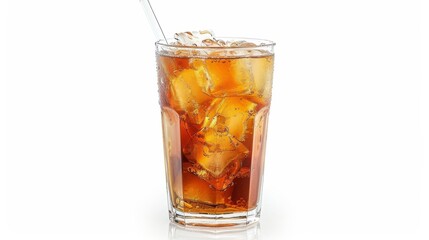 A refreshing glass of iced cola filled with ice cubes and a straw, perfect for quenching thirst on a hot day.