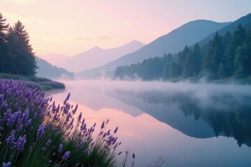 Obraz premium Soft lavender mist rises from a tranquil lake at dawn, water, lakes