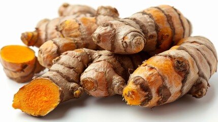 Fresh turmeric roots showcasing vibrant orange flesh, known for their health benefits and culinary uses.