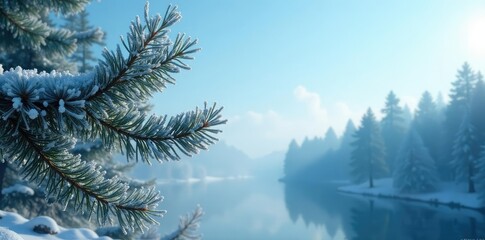 Obraz premium Frosty pine branches against a clear blue sky, misty forest, peaceful surroundings