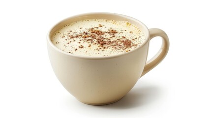 A creamy beverage topped with a sprinkle of spice, served in a simple cup, perfect for cozy moments or warm gatherings.