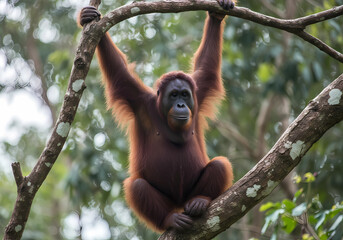 Naklejka premium Bornean Orangutan Hanging on a Tree Branch in Rainforest