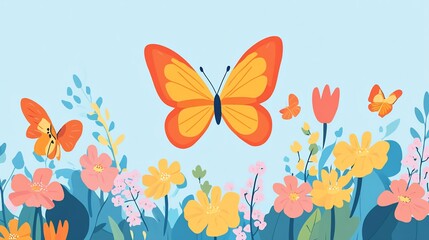 A Vibrant Array of Butterflies and Blossoming Flowers on a Soft Blue Background Creating a Cheerful Scene