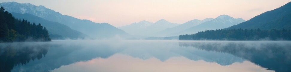 Obraz premium Misty morning on a still lake with mountains in the background, water, fog
