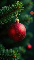 Fototapeta premium Shiny red orb suspended in mid-air on a lush evergreen tree branch, Christmas tree, glowing
