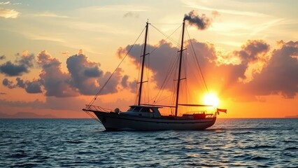 Fototapeta premium Sailing vessel with smoke rising from its mast at sunrise over the sea horizon, water, clouds, morning light