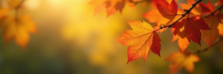 Fototapeta premium Multicolored leaves on tree branches in warm light, branch, yellow, leaf