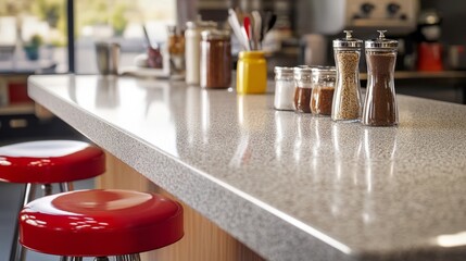 Bright retro diner counter with red stools and spice jars during a sunny afternoon