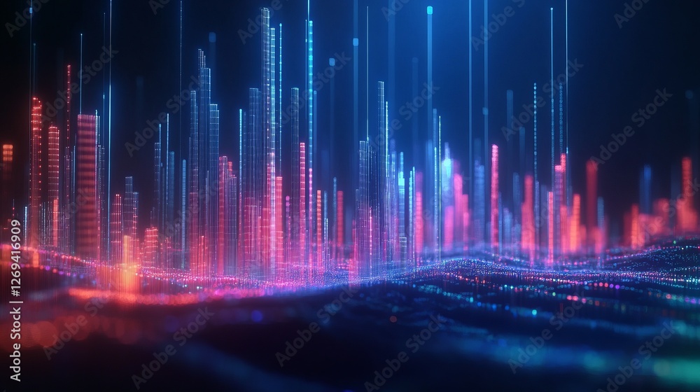 Poster business visual data analyzing technology with advanced computer software interface, showcasing digi