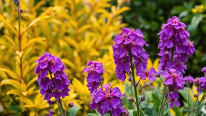 Obraz premium Purple flowers in a garden with golden leaves, garden, foliage