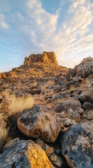 Breathtaking rock formation at golden hour in a vast desert landscape with rugged terrain