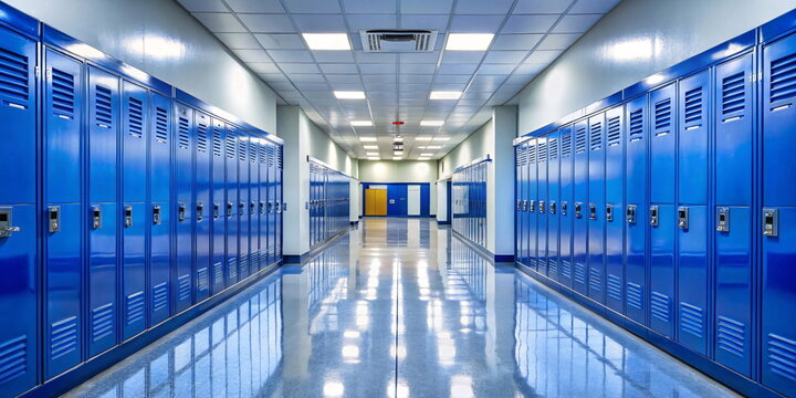 Row of blue lockers in a modern school corridor. Nobody inside - Powered by Adobe