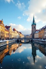 Fototapeta premium Olomouc square in winter with Baroque buildings and snow, buildings, lake,