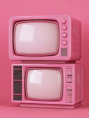 Stacked Pair of Retro Pink Television Sets Nostalgic Tech Display Solid Background