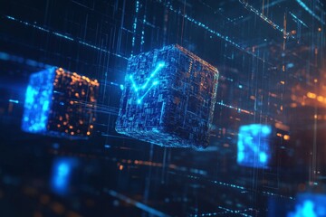 Fototapeta premium Futuristic Digital Cubes with Glowing Blue Lights in Abstract Space