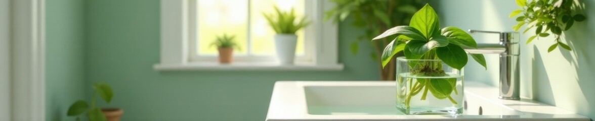 Potted Pothos in square glass vase on bathroom sink, bathroom decor, plants