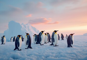 Obraz premium Antarctic Penguins at Sunset Glow