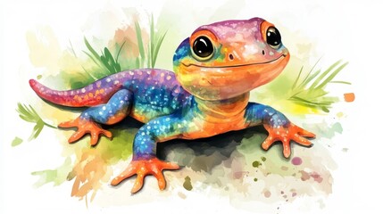 Colorful lizard rests on green grass under warm sunlight in a vibrant and lively setting