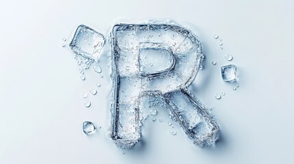 Ice letter R formed from clear ice cubes on a slick surface with water droplets creating a fresh and cool visual effect