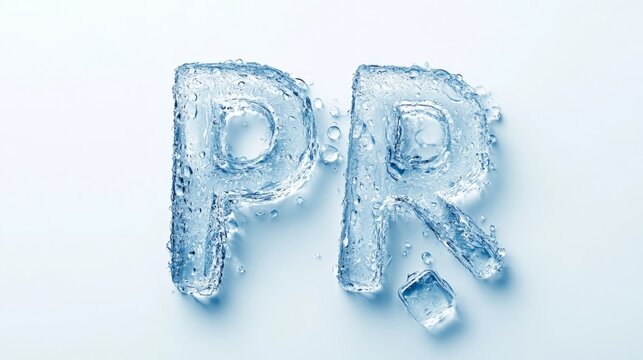 Creative display of water ice letters representing the initials PR on a clean background