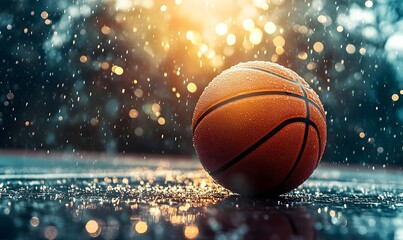 Basketball on Court with Bokeh Lights, Sunlight, and Raindrops in Close-Up