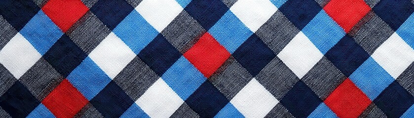 Colorful diamond pattern textile in red, blue, and white suitable for fashion or home decor projects.