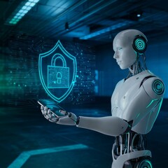 The humanoid robot stands with his arm outstretched, holding a sleek, modern smart device. A hologram with a glowing cybersecurity-themed logo is projected from the device