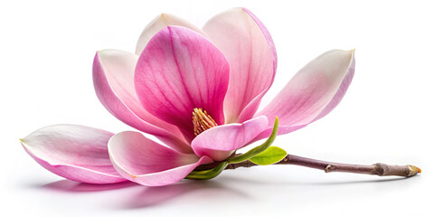 A stunning magnolia flower displays its large pink petals gracefully arranged on a slender stem, highlighting its beauty and delicate structure against a white background