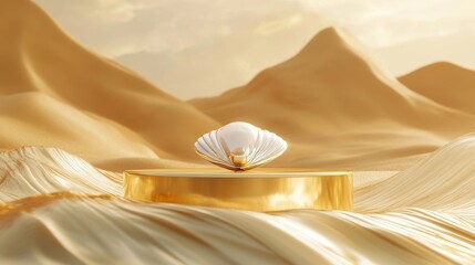 Shimmering pearl in a golden shell set against a tranquil desert landscape featuring soft sand dunes and gentle waves