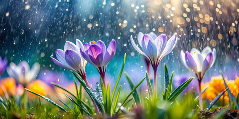 Crocuses with striking purple and white petals thrive in a colorful garden as raindrops fall around them. The sunlight creates a sparkling effect on the wet flowers