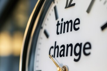 A close-up of a clock showing the words 'time change' as a central element, emphasizing the concept of the passage of time and its significance in our lives.