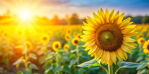 A field filled with blooming sunflowers stretches towards the horizon under a bright sunrise. The vivid yellow petals radiate warmth, capturing the tranquility of nature
