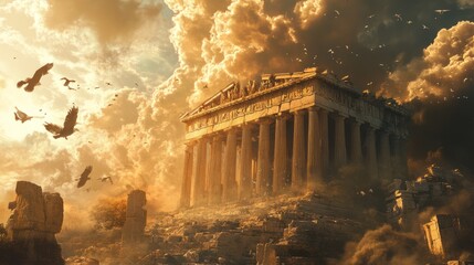 Ruins of Parthenon, sunset, birds, Greece, history, apocalyptic